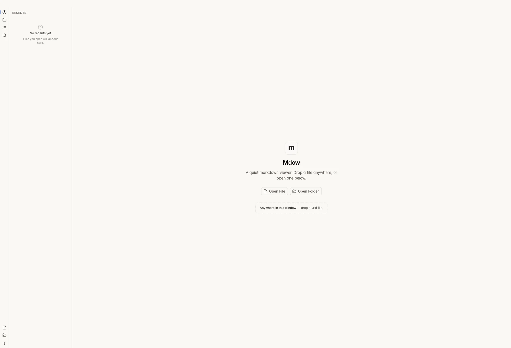 Mdow welcome screen with open file and open folder actions