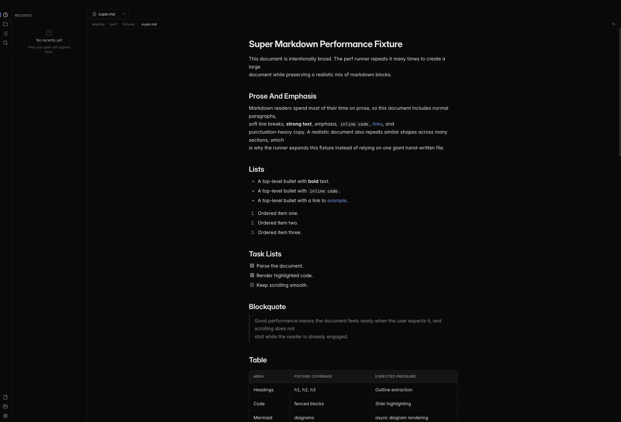 Mdow rendering a markdown document with syntax highlighting and a Mermaid diagram in dark mode