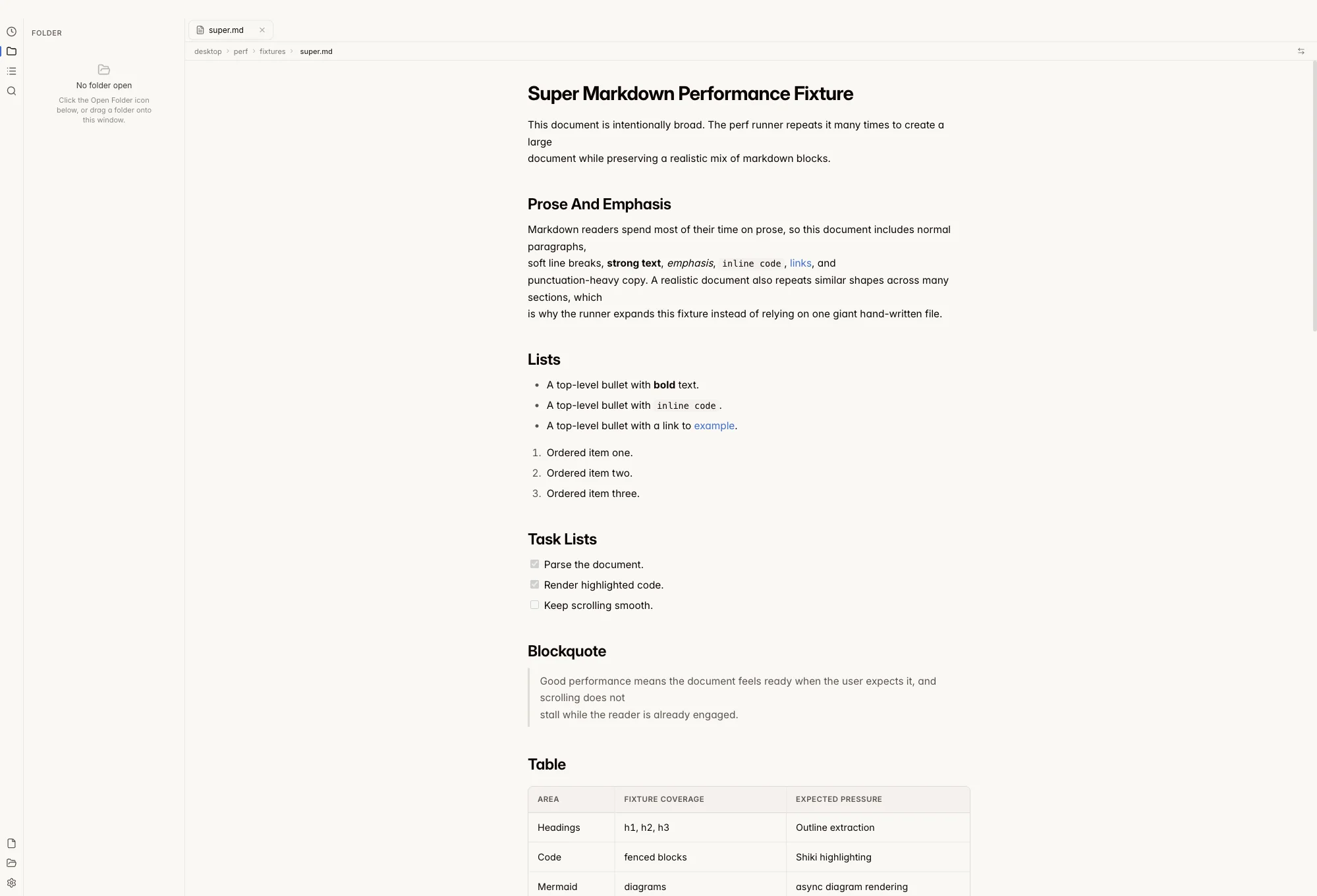 Mdow folder sidebar with a file tree and tabbed documents